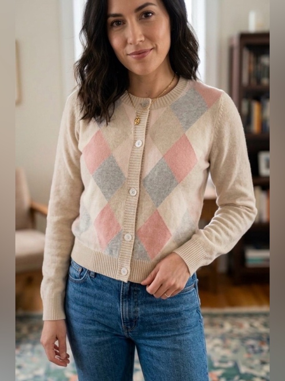 Talbots Wool & Angora Blend Argyle Cardigan Sweater